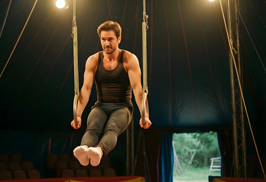 Determination and focus, male gymnast performing on gymnastic rings in a circus tent with dramatic lighting for athletic training and strength