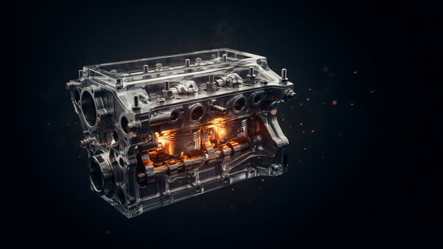 Internal combustion engine block with glowing pistons isolated on