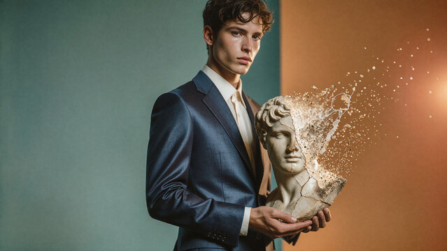Man in a dark blue suit holds a crumbling marble bust that disintegrates into fine particles against an orange backdrop. Soft side lighting highlights the textured stone fragments.