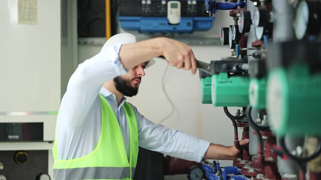 Focused engineer with a beard, wearing a white hard hat and high-visibility vest, adjusting industrial pipes and valves with a wrench in a boiler room. Maintenance work performed on heating system.