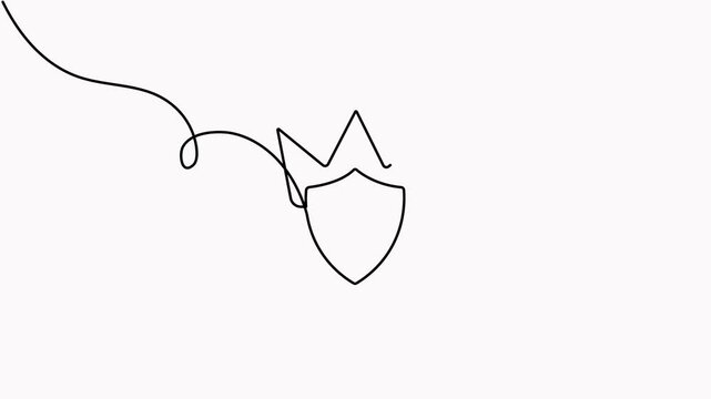 Continuous line shield crown drawing showing a minimal security icon being drawn on a white background. 4K animation.