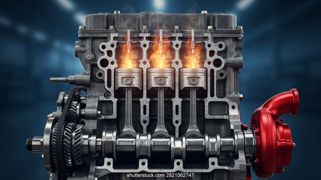 Cross section of a car engine showing internal combustion with