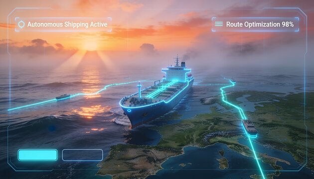 Autonomous cargo ship navigating ocean waters guided by futuristic digital interface graphics and sunset lighting