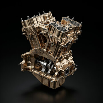 Bronze colored V-twin motorcycle engine block isolated on a black