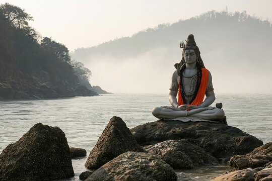 Large stone statue of hindu deity shiva meditating on a rock in the middle of a flowing river