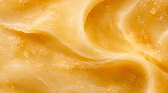 Abstract golden cosmetic cream texture macro background. Organic shea butter or facial scrub close up