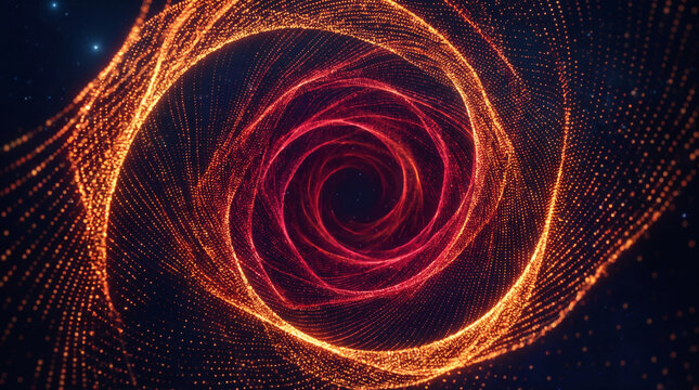 Abstract glowing particle spiral vortex with orange and red sparkles on dark background, cosmic futuristic texture