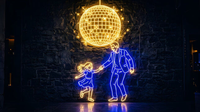 Father and daughter dancing together under glowing neon disco ball light installation with dancing couple glowing sign family dance nighttime fun wall decoration artistic lighting