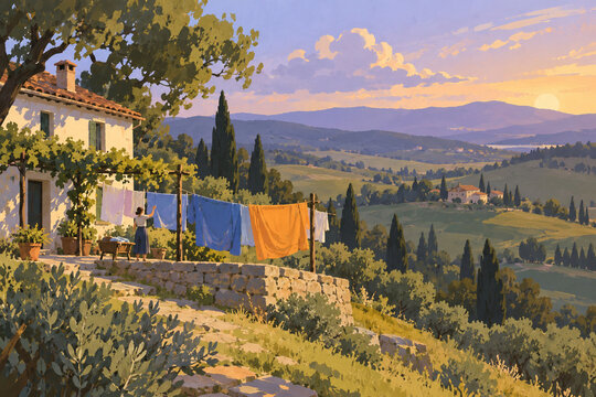 Laundry dries beside an ordinary rural home above open hills, with blue cloth and orange fabric catching late sunlight against muted green fields and a lavender horizon. A scene in expressive gouache.