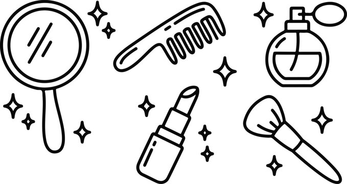A lovely hand drawn collection featuring beauty and cosmetic items like a mirror a comb perfume lipstick and a brush