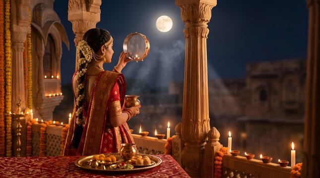Indian woman celebrating karva chauth with traditional sieve and full moon