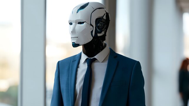 A humanoid robot in a business suit stands in a modern office with large and soft natural lighting