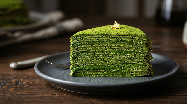 A delicious slice of matcha green tea crepe cake served on a dark ceramic plate.