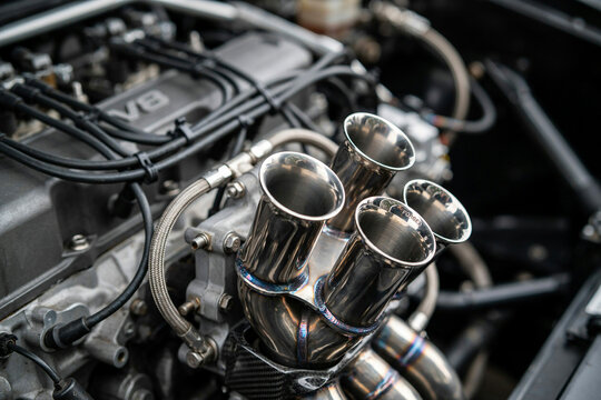 Close up of a high performance V8 engine intake manifold with