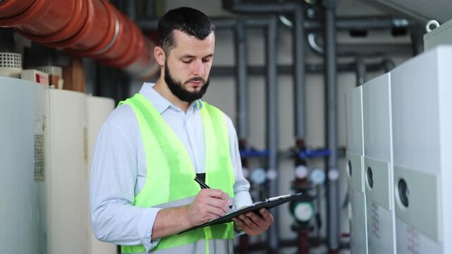 Diligent technician with a beard and high-visibility vest checking industrial boiler system settings. Man records data on a clipboard, ensuring proper maintenance and safety of equipment in facility.