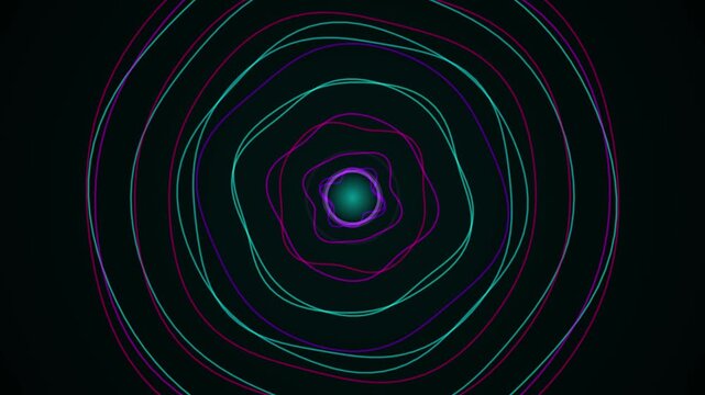 Looping digital render of vibrant glowing concentric neon rings on a pure black background