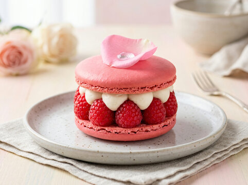 A delicious pink raspberry macaron cake decorated with a fresh rose petal on a plate.