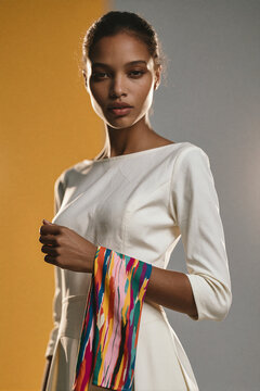 Woman wearing an off white dress poses against a two tone background of yellow and gray. Side lighting highlights her facial features and the textured fabric of her garment.