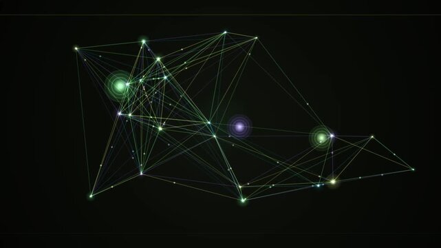 Luminous connected nodes form a network loop render against a pitch black background