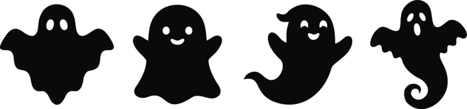 Cute black ghost silhouettes collection with funny faces for friendly Halloween party concepts.