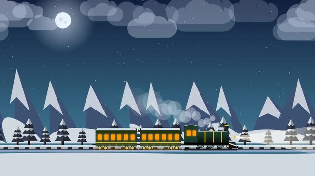 Seamless loop animation of a classic steam locomotive train traveling through a snowy winter landscape at twilight, with falling snow, pine forests, and cozy warm glowing windows.