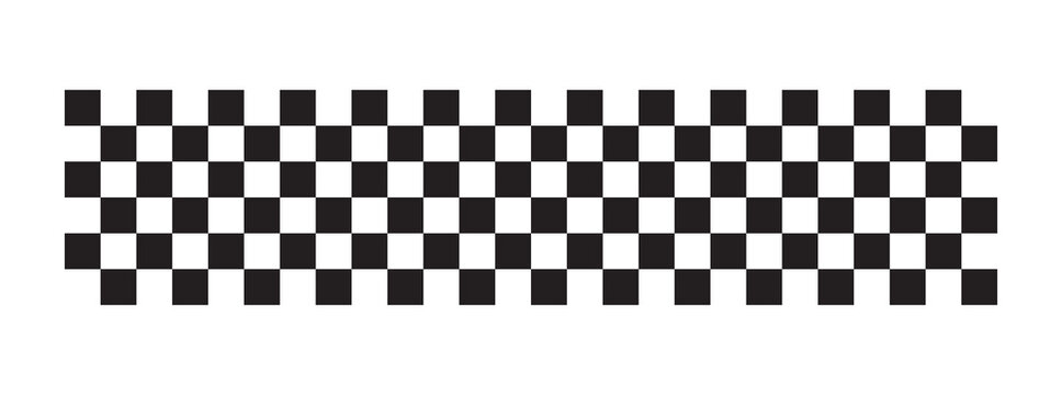 Black and white checkered pattern strip isolated on white background. Racing checkerboard banner stripe for motorsport and finish line design. Classic flag texture ideal for menus and templates.