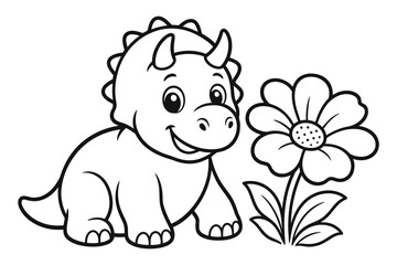 Cute baby triceratops dinosaur near a big flower vector design coloring page © Roni