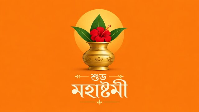 Golden kalash with hibiscus flower and leaves for maha ashtami greeting