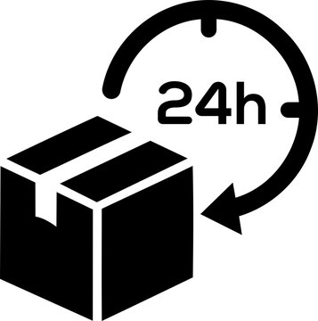 Cardboard parcel with 24 hour delivery clock icon indicating fast shipping and logistics concept isolated on transparent background