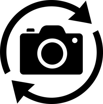 Digital camera icon with circular arrows indicating refresh or cycle during a studio session with soft ambient light isolated on transparent background