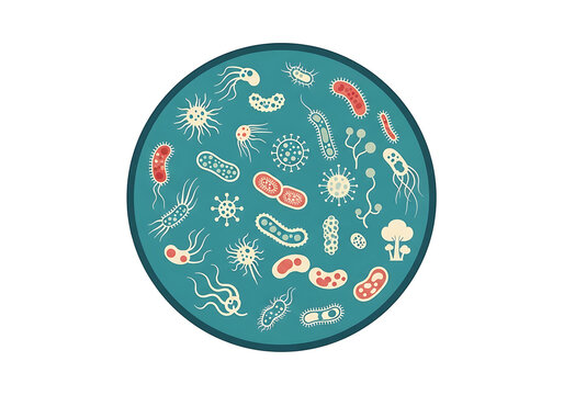 Microscopic bacteria and viruses in a circular petri dish