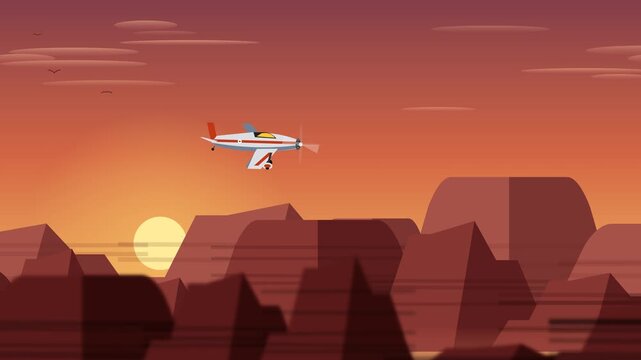 Seamless loop animation of a classic vintage propeller airplane flying through a majestic red rock canyon desert landscape during a beautiful golden hour sunset.