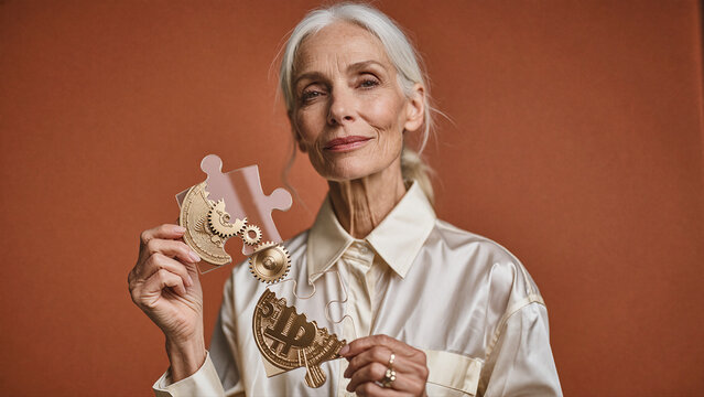 Woman with silver hair holds two interlocking translucent puzzle pieces featuring gold gear engravings against a terracotta background. Soft side lighting highlights the satin texture of her shirt.