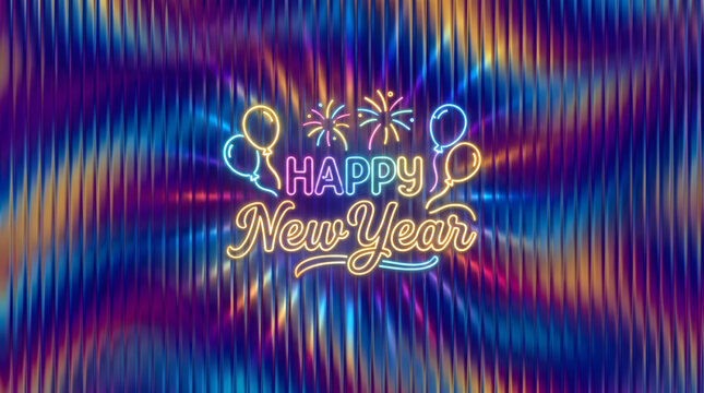 Happy New Year neon script lettering with balloons and fireworks line art on dark holographic rainbow background, festive party design