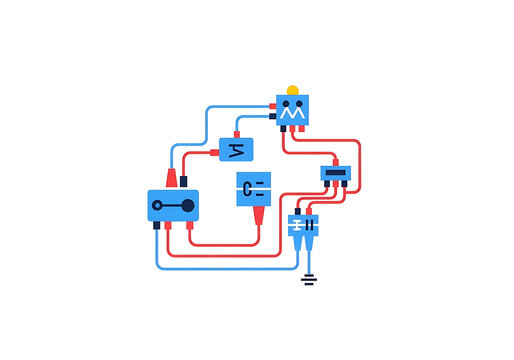 Flat icon of a complex electrical wiring diagram with various components and red and blue connections, isolated on transparent background, representing circuit design and electronics.