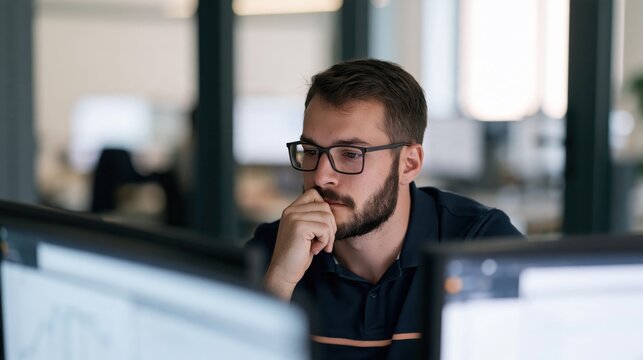 Male IT specialist monitoring computer systems in modern operations center, concept of cybersecurity, network management, technical support and data analysis