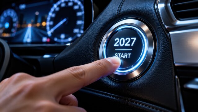 Finger pressing illuminated 2027 start button in a luxury car interior dashboard, highlighting future innovation.