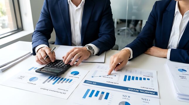 Business professionals analyze financial charts and calculate data.