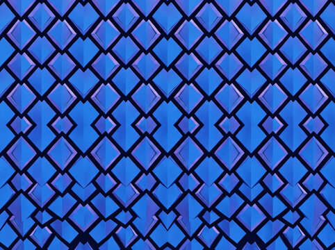 Abstract blue geometric background with repeating diamond shapes and 3D effect.