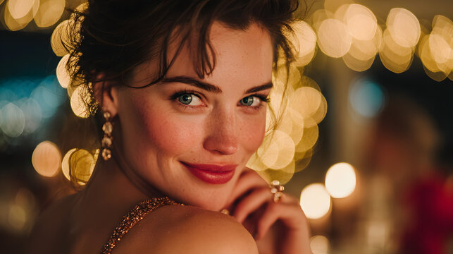people holidays and glamour concept beautiful woman in evening dress wearing ring and earrings over christmas lights background no logos no brands