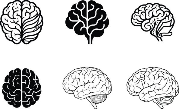 Set of human brain icons in black and white flat vector style for
