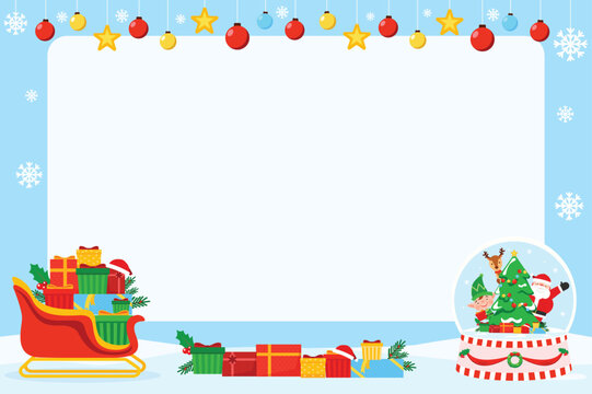 Christmas frame border template with sleigh full of gifts, Santa, snowman, and elf with garland border
