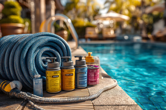 Swimming pool vacuum hose and brush cleaning water, with maintenance products including chemical canisters, chlorine tablets, dispenser, measuring cup and test kit placed on poolside