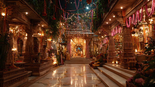 Maharaja Agrasen Jayanti, temple entrance decorated with lights and flowers for celebration