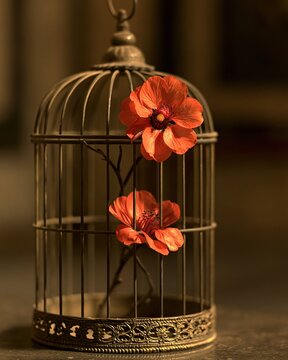 Orange flowers inside vintage metal birdcage on dark background, conceptual display of beauty trapped in confinement