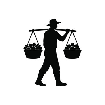Farmer carrying baskets on shoulder pole vector silhouette, traditional agriculture worker icon isolated on white background