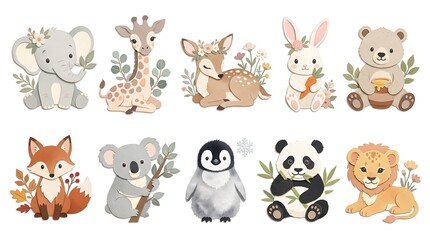 Fototapeta premium Cute baby animals performing playful activities in a watercolor style