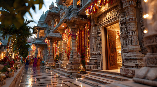 Maharaja Agrasen Jayanti, temple entrance decorated with lights and flowers for celebration