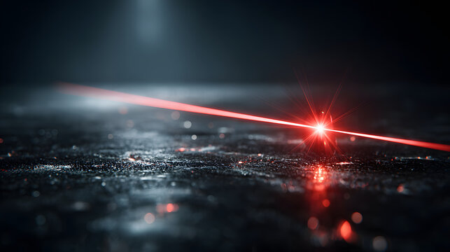Close-up of laser pointer casting bright red beam across dark background with reflective surface creating mesmerizing effect