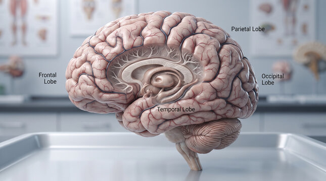 Human Brain Anatomy Showing Cerebral Lobes and Internal Structures 